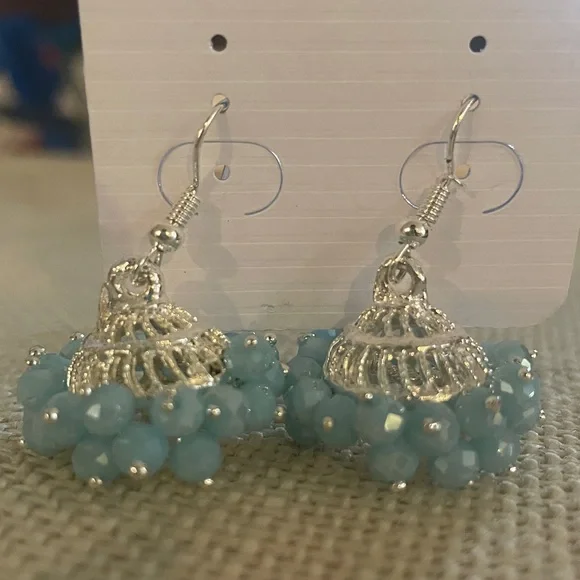 Silver and Blue Jhumkas - Picture 1 of 4